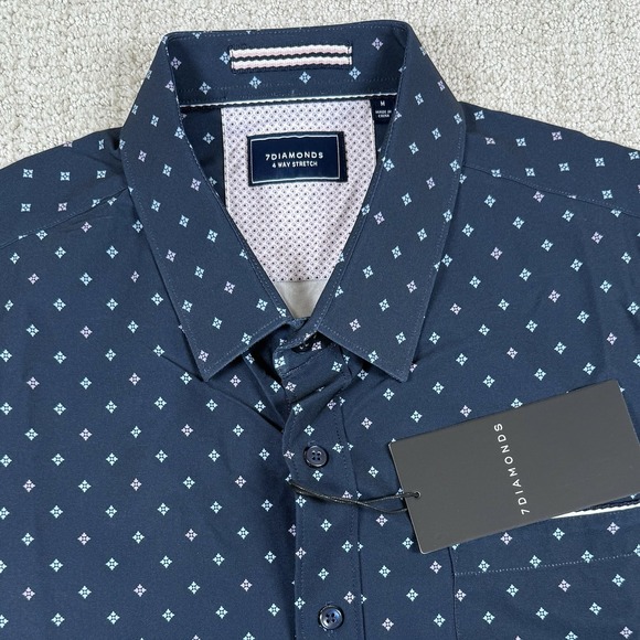 NWT 7 Diamonds Mens Medium 4 Way Stretch Navy Woven Short Sleeve Button Up Shirt - Picture 1 of 6